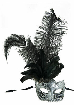 Mask from Venice Colombine IN Tip IN Feathers Ostrich Black Silver 1437 S2B