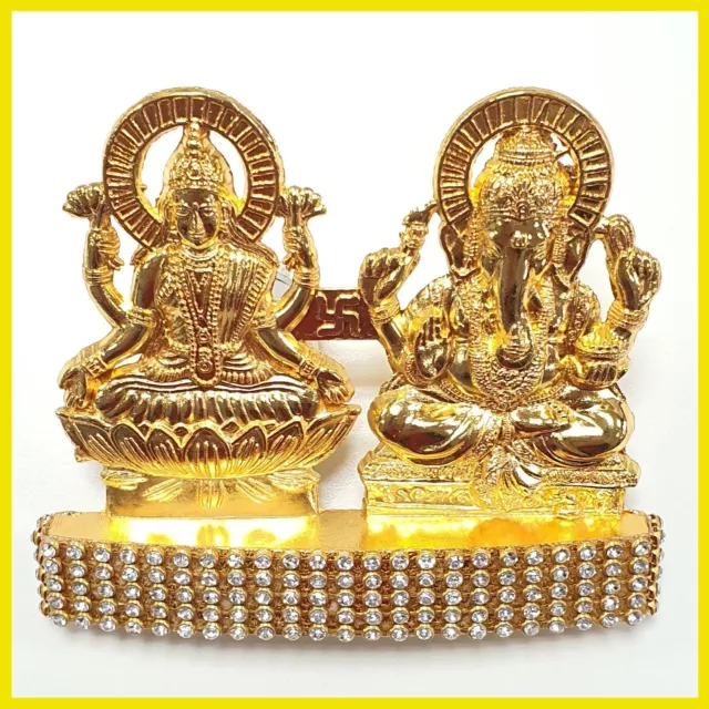 Goddess Lakshmi / Laxmi Lord Ganesh , Stone Decorated , Gold Plated Idol Statue