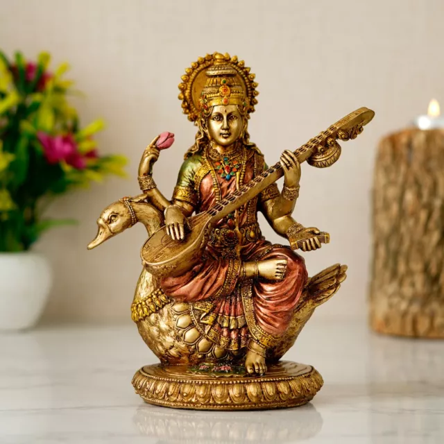 Goddess Maa Saraswati Idol Sitting On Hans Sarasvati Statue Sculpture Figurine