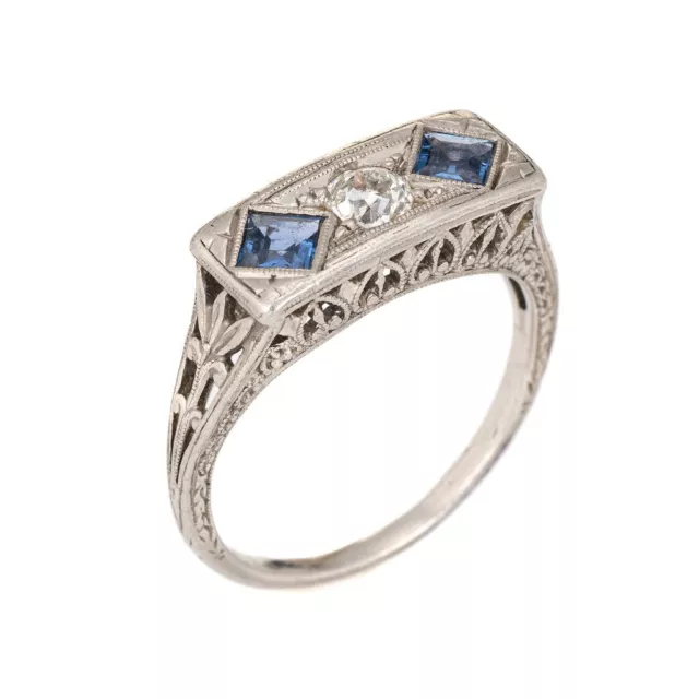 Vintage Deco 2.70Ct CZ Diamond Sapphire Ring 14K White Gold Filigree Bridge Ring