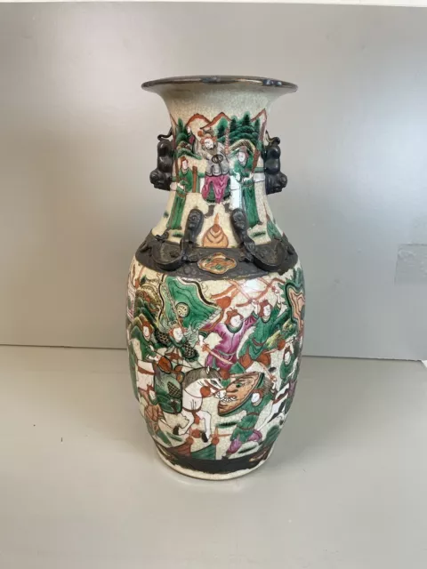 Antique Chinese Famille Vase Crackle Glazed Warrior Horseback Figures 19th Cen