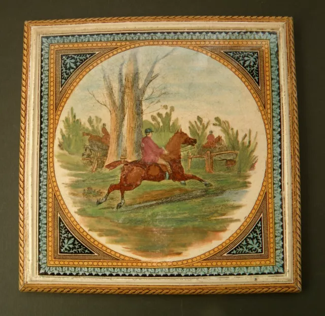 Very Rare Minton Hollins & Co Tile Trivet Hand Painted Riders on Horseback 19thC