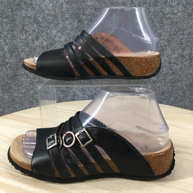 Think Sandals Womens 37 Casual Comfort Slip On Slide Black Leather Open Toe