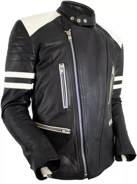 Retro Motorrad Lederjacke 80´s oldschool in schwarz weiß Protektoren Winddicht