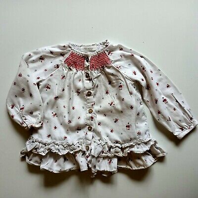 NEXT Baby Girls Smocked Blouse Red & White with Ruffle Trim, 9-12 Months Shirt
