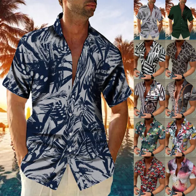 Mens Short Sleeve Hawaiian Shirts Summer Beach Floral Muscle Fit T Shirt Tops UK