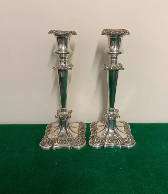 Antique Pair Of Victorian Silver Plated Ornate 10" Tall Candlesticks Circa 1890s