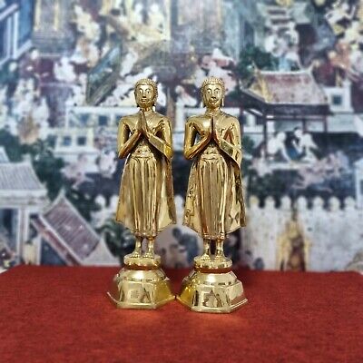 21.5" Pair Of Thailand Brass Buddha Statue Standing Monk Carved Buddhist Letters