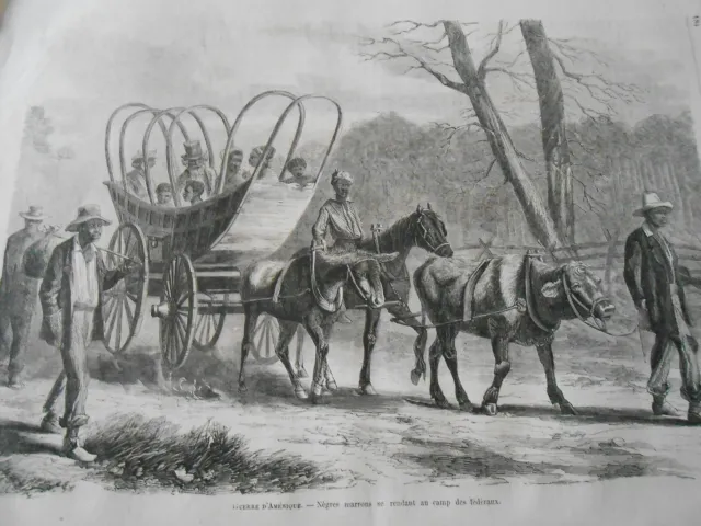 Gravure 1864 - Guerre d'amérique Les marrons se rendant au camp des fédéraux