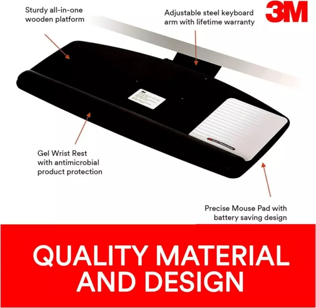3M Sit/Stand Adjust Arm Keyboard Tray 25 in Track Wrist Rest Mouse Pad AKT60LE
