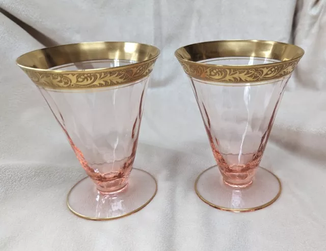 Tiffin Gold Rimmed Franciscan Pink Optic 8 Ounce Footed Glasses Set of 2 Vintage