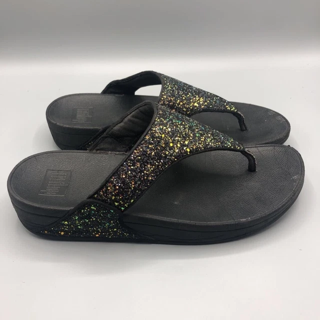 Fitflop Womens Lulu Glitter Thong Sandals Black Low Heel Slip On Arch Support 10