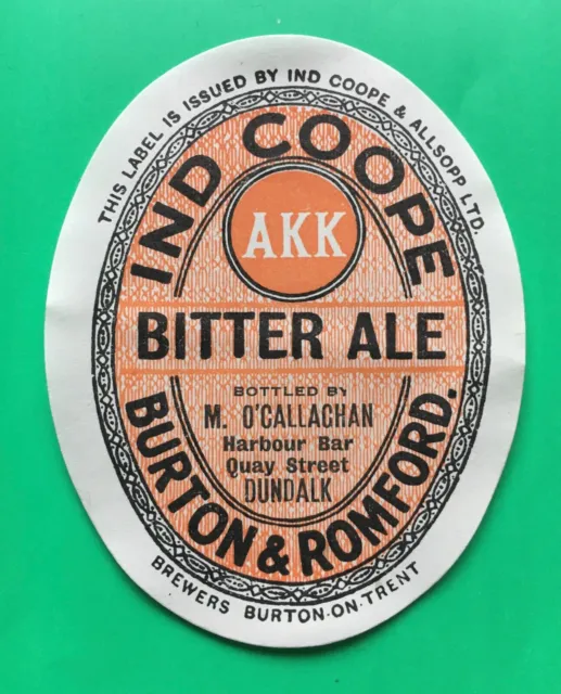 Ind Coope AKK Bitter Ale Label, Burton & Romford, Dundalk, Co. Louth, Vintage.