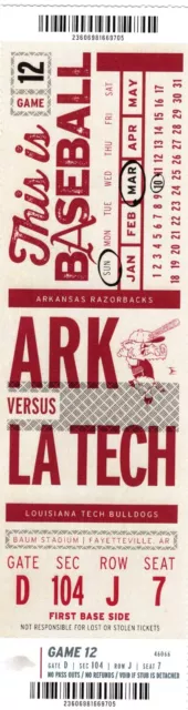 Arkansas Razorbacks Baseball Ticket Stub LA Tech Game 3/10/2019 Baum Stadium