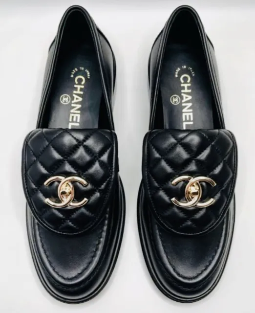 NIB CHANEL BLACK Loafers 38 EUR Sizes Turnlock Gold CC Logo