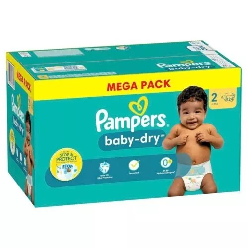 Lot 124 Couches PAMPERS Baby-Dry TAILLE 2 = 4 à 8 KG Pack Change Bébé Protection