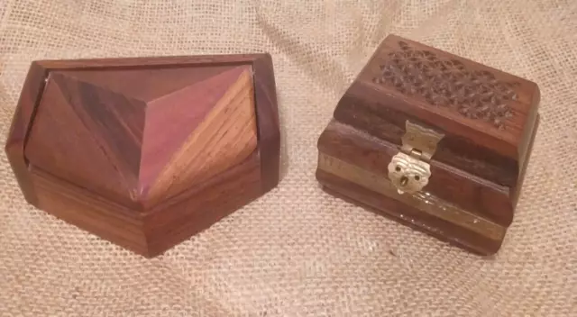 Vtg MCM 1960's Unique Handcrafted Owl Hinges & Odd Inlay Wooden Trinket Box LOT