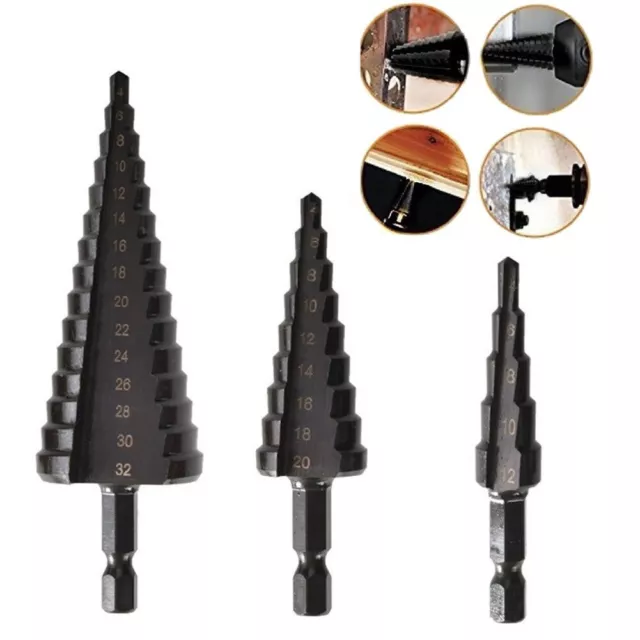 3pcs 4-12/4-20/4-32mm HSS Straight Groove Step Drill Bit Set Hole Cutter Tool