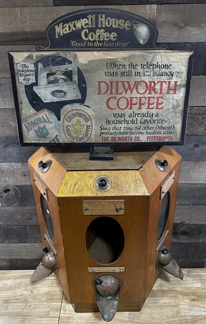 Antique Wooden Maxwell House Coffee Bean Dispenser Display W/Framed Sign
