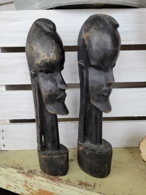 Old 9" African Tribal Hand Carved Heavy Wood Sculpture Face HEADS BUSTS Statues