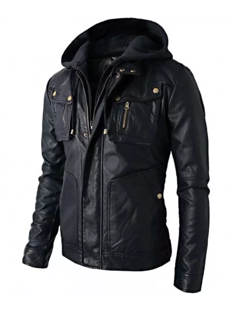 Men Leather Jacket Motorcycle Black Slim fit Biker Genuine lambskin Detach Hood