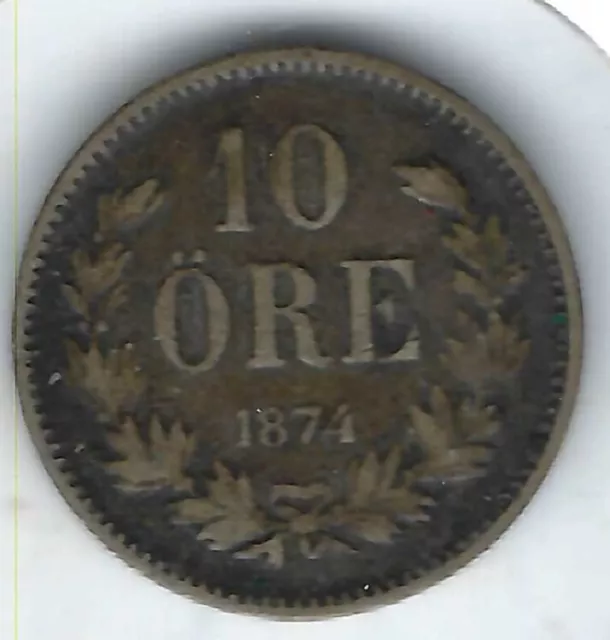 1874 Sweden 10 Ore Oscar II Silver Coin!