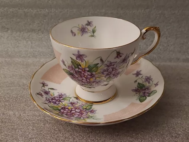 Vintage TUSCAN Fine English Bone China Tea Footed Cup+Saucer Violets Pink Gold