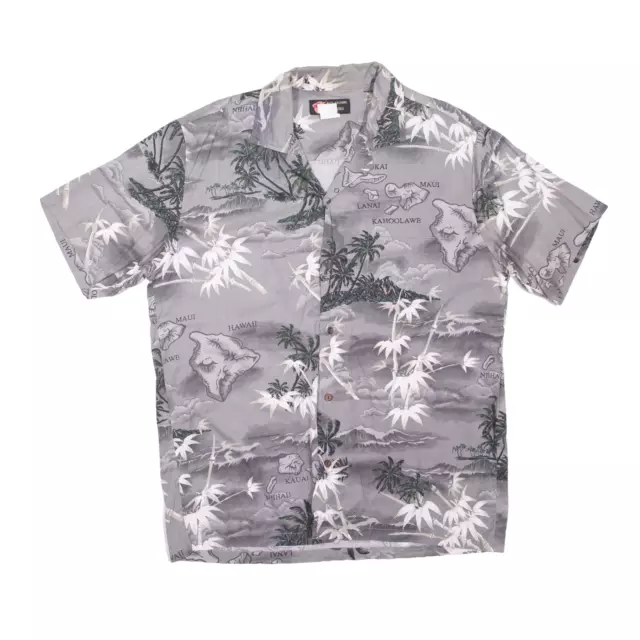 ALI'I FASHION Island Hawaiian Shirt Grey Floral Short Sleeve Mens M