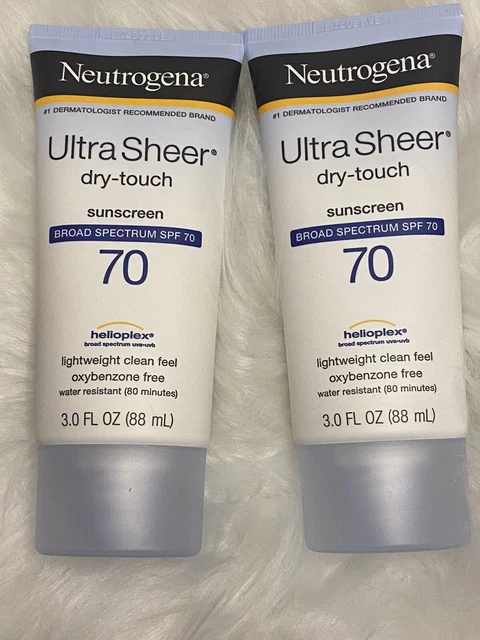 2 Loción de protección solar Neutrogena Ultra Transparente Seco-Touch FPS 70, 88 ml/3 oz EXP 04/2024