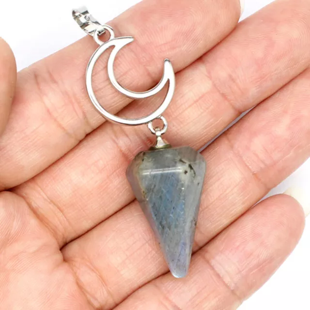 Crescent Moon Natural Stone Point Pendulum Necklace Crystal Reiki Chakra Healing