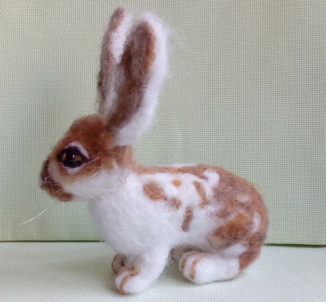 Needle felted wool Brown and white rabbit mini sculpture one of a kind