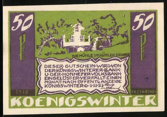 Notgeld Königswinter 1921, 50 Pfennig, Die Mühle im kühlen Grunde