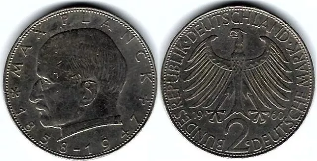 Münze 2 Deutsche Mark (2 DEM) Max Planck 1960 G BRD KM# 116, J# 392, Schön# 115