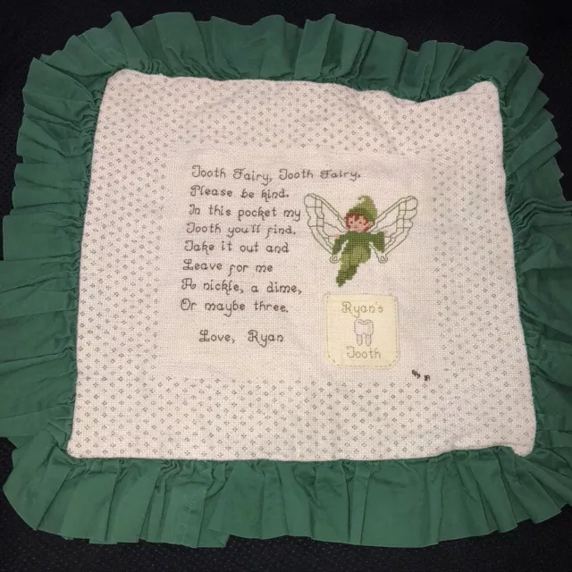 Handmade Embroidered Tooth Fairy Pillow Cover name Ryan Green Ruffle Pocket