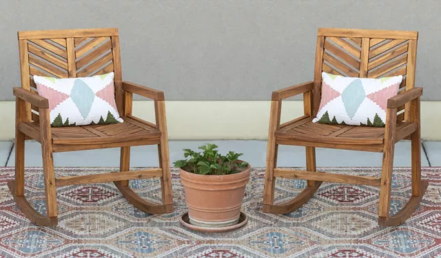 Set Of 2 Outdoor Patio Chairs Brown Acacia Wood Garden Rocking Chairs 2