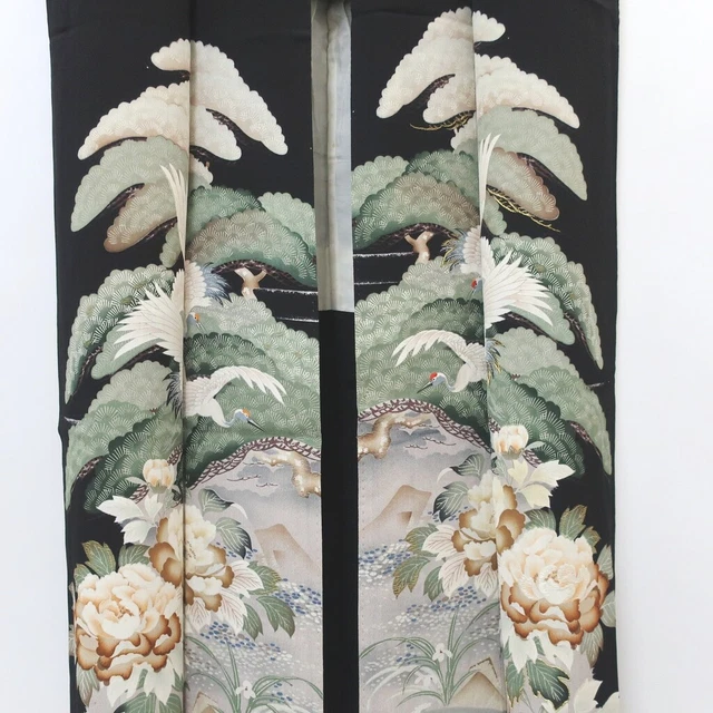 8893B3 Silk Vintage Japanese Kimono Tomesode Crane Birds Pine Tree
