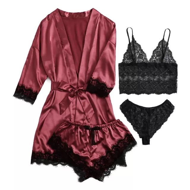 4PCS Women Satin Silk Nightwear Sleepwear Lace Night Gown Long Dressing Set UK