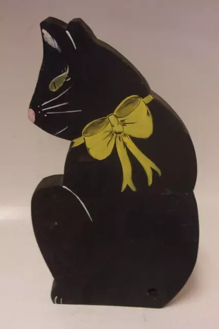 10.25" handmade hand painted standing wooden black cat Halloween decor