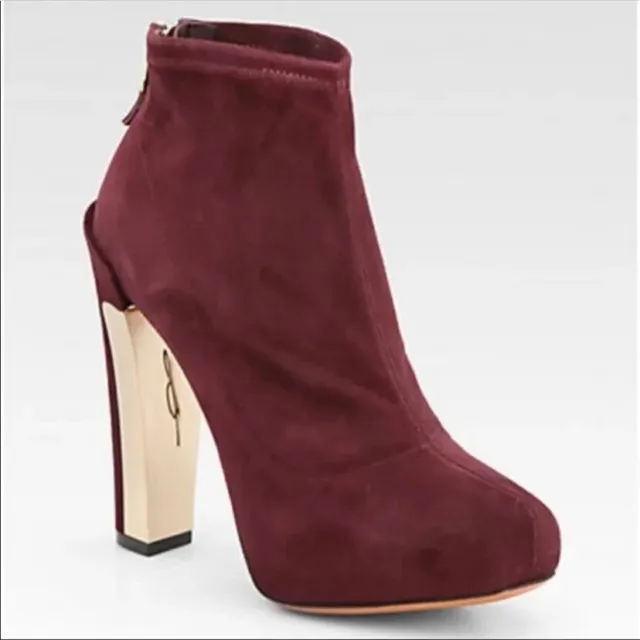 Brian Atwood Edeline Burgundy Suede Leather Sock Ankle Boot Gold Heel Sz. 7.5 M