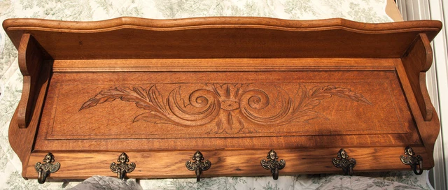Old French Carved Solid Oak Coat Hat Rack Cherubs Angel Hooks wall shelf Kitchen