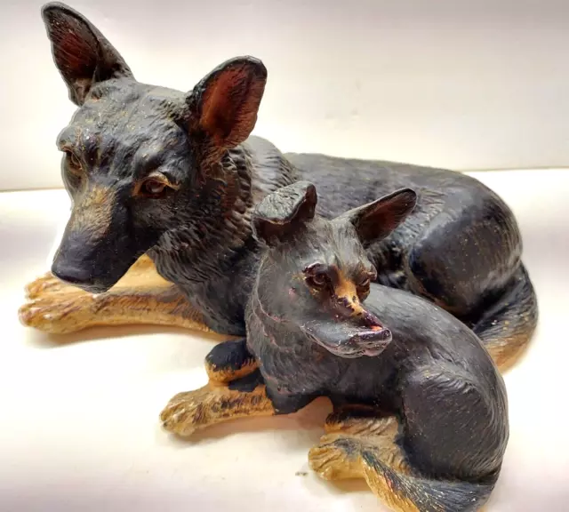 German Shepherd Dog & Pup, Laying Down, Large Resin,  Glass Eyes, 1990