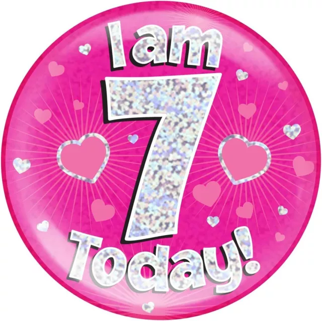 New  6" Jumbo Badge I am 7 Today Pink Holographic Dot