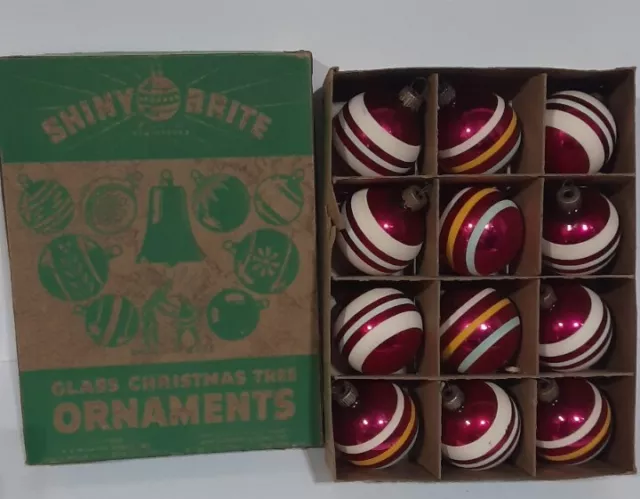 Lot of 12 Vtg Shiny Brite Mercury Glass Pink Striped Christmas Ball Ornaments