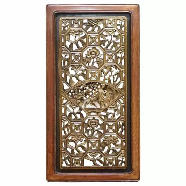 Chinese Export Circa 1900 Gold Leaf Painted Fret Work Carved Wall Panel In Teak