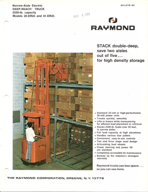 Fork Lift Truck Brochure - Raymond - 20-DR25 31-DR25 - Deep-Reach c1973 (LT215)
