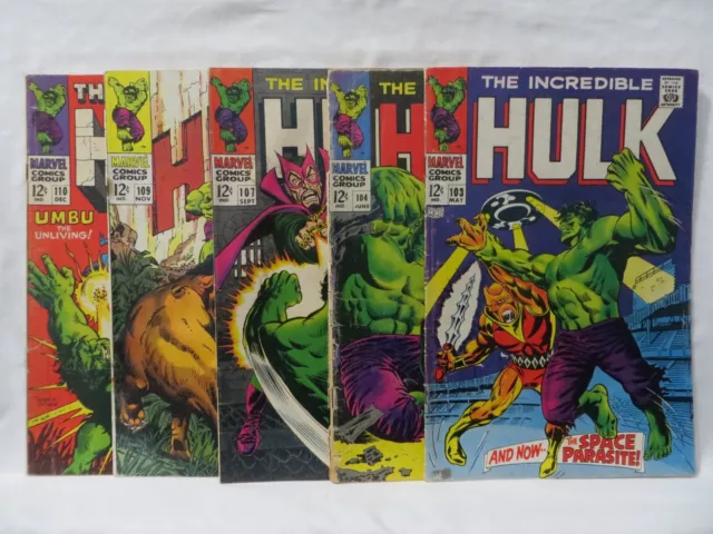 Lot Of 5 1968 Incredible Hulk Comics..vol.1..No.103-110..Marvel..rhino/Mandarin!