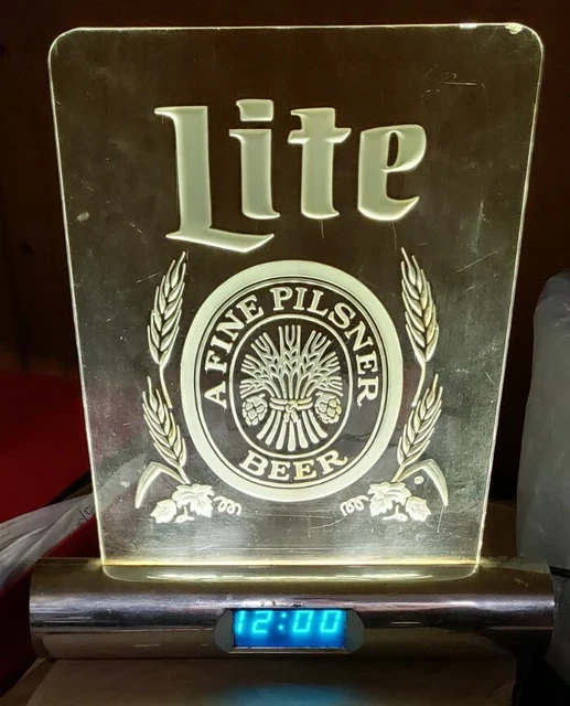 VINTAGE MILLER LITE Acrylic Light Up Bar Sign w/Digital Clock Everbrite
