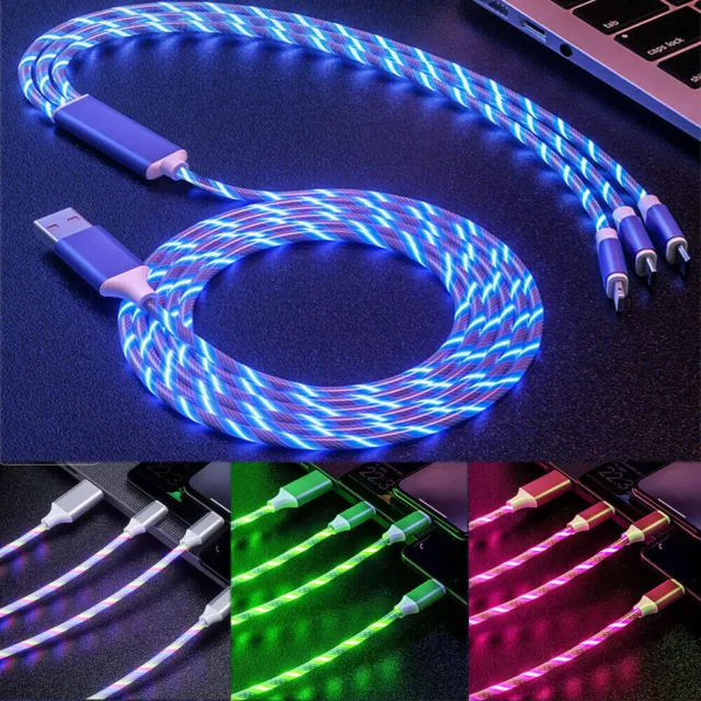3 in 1 LED Fast Charging Cable Adapter For iPhone Micro USB Type C Charger Cord