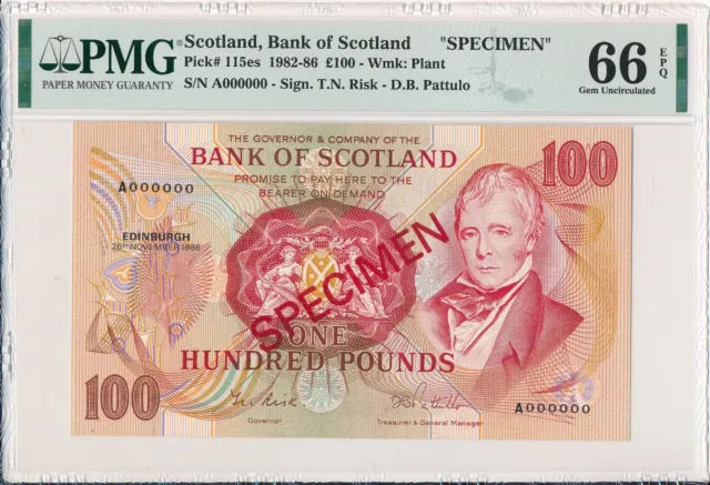 Bank of Scotland Scotland  100 Pounds 1986 Specimen PMG  66EPQ