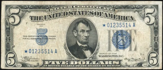 1934 STAR $5 Five Dollar Silver Certificate Note Fr#1650*
